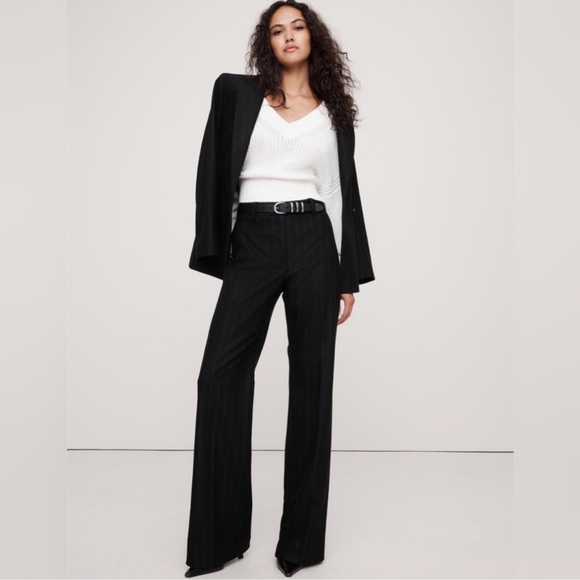 NWT! BANANA REPUBLIC WOMENS BLACK STRIPE HIGH-RISE WIDE-LEG FLARE FLANNEL PANT - Picture 1 of 4